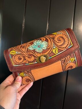 Hand-Tooled Floral Leather Wallet Clutch in Tan and Turquoise